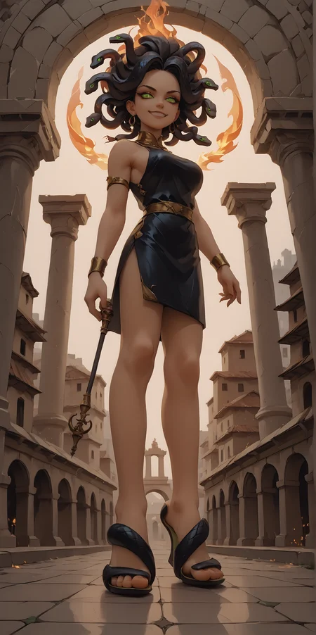 score_9, score_8_up, score_7_up, score_6_up,
1girl, dark skin,
smug, evil smile,
round breasts, medium breasts,
(long legs),
standing, legs apart, feet apart, (human statues:1.3),
(low angle), (from below:1.2), (from side),
m0jito heels,
ancient Greek theme,
ancient greek clothes, black clothing,
snake hair, black hair,
demon girl,
glowing green eyes, snake eyes,
CandiTR,
night, dark, Low-key lighting,
torch flames, cinematic lighting, light particles, color grading,
embedding:zPDXL2 ,