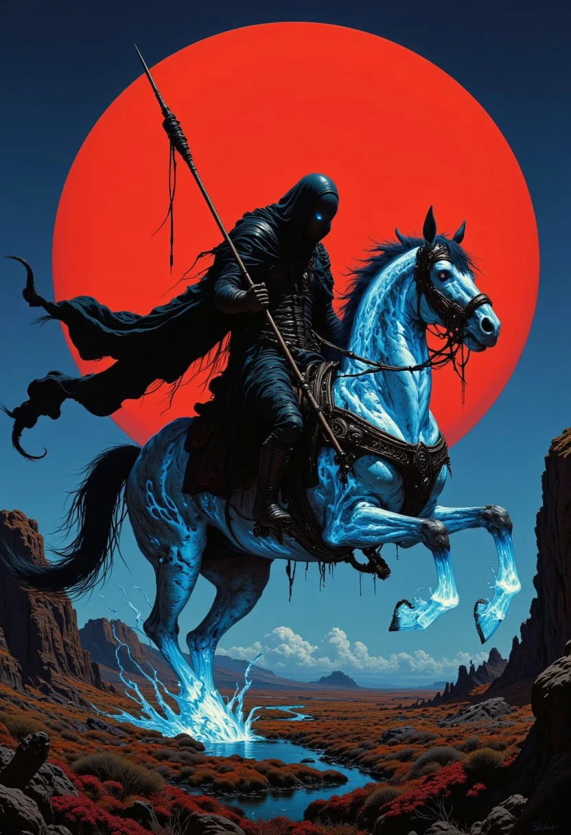 A terrifying spectral horseman rides through the cursed fields of the Eternal Hallow, his headless form silhouetted against the Blood Moon. His skeletal steed glows with fiery blue flames, its hooves leaving scorch marks on the ground as it gallops. The rider wields a glowing scythe, and ghostly whispers follow in his wake, spreading fear and death wherever he rides.
In the style of grainy 80s VHS dark fantasy horror, vintage Halloween, autumn harvest tones, occult mysticism, gritty animatronics, with Sean Äaberg's psychedelic grotesque flair, evoking eerie, grainy VHS footage