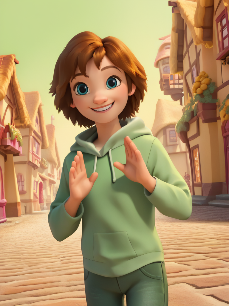 score_9, score_8_up, score_7_up, 1girl, looking at viewer, cowboy shot, dynamic pose, cute, solo, dutch angle, smile, :D, detailed background, cute pose, wide shot, town, village, both hands toguether,
<lora:WitchAlchemy_character:0.8> AlchemyWitch, brown hair, green eyes, short hair, green hoodie, pants, <lora:DisneyStudios_style:1> DisneyStyleXLP, cartoon, cute, cinematic,