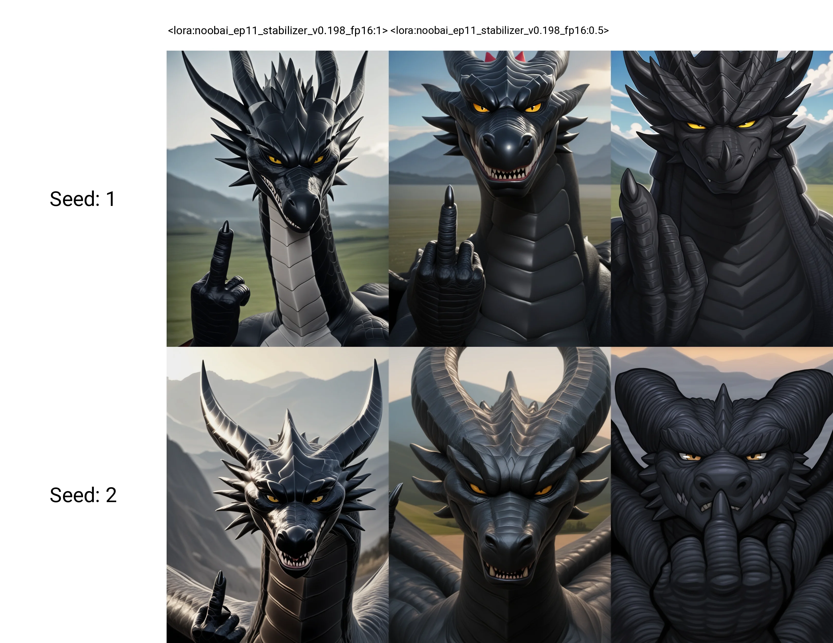 <lora:noobai_ep11_stabilizer_v0.198_fp16:1>a black dragon head,close-up,smirk,middle finger,masterpiece,looking at viewer,mountainous horizon,
