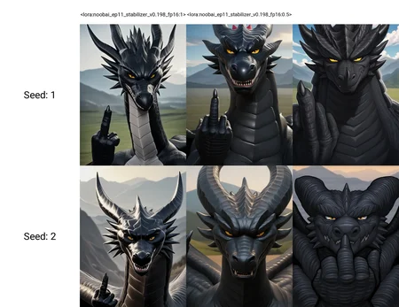 <lora:noobai_ep11_stabilizer_v0.198_fp16:1>a black dragon head,close-up,smirk,middle finger,masterpiece,looking at viewer,mountainous horizon,