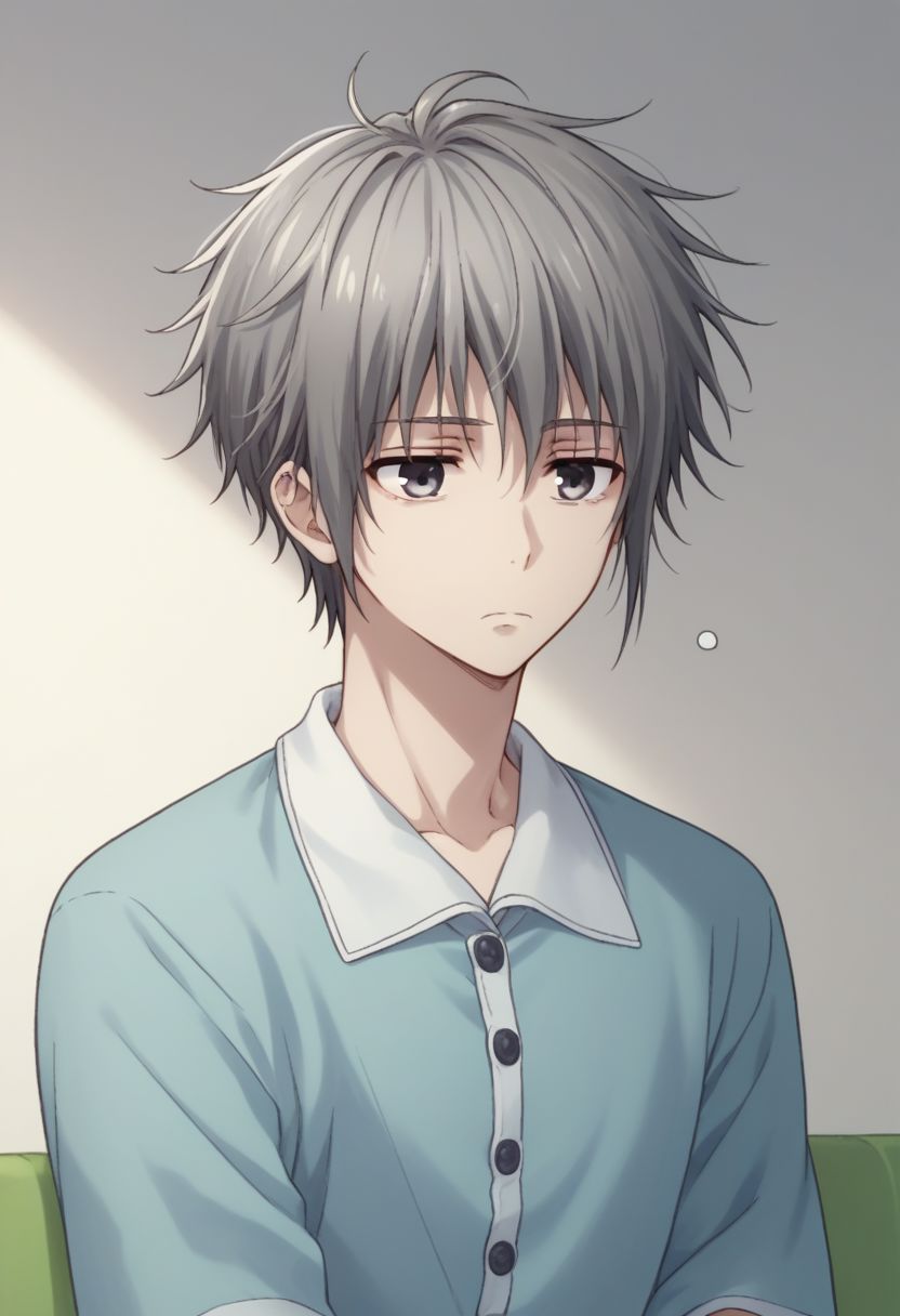 score_9, score_8_up, score_7_up, source_anime, highly detailed, 1boy, solo, male_focus, 
yuki_sohma, 1boy, indoor, male focus, solo, grey hair, grey eyes, pajama, sleepy, messy hairs, cute,