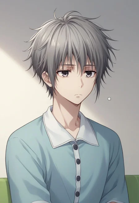 score_9, score_8_up, score_7_up, source_anime, highly detailed, 1boy, solo, male_focus, 
yuki_sohma, 1boy, indoor, male focus, solo, grey hair, grey eyes, pajama, sleepy, messy hairs, cute,