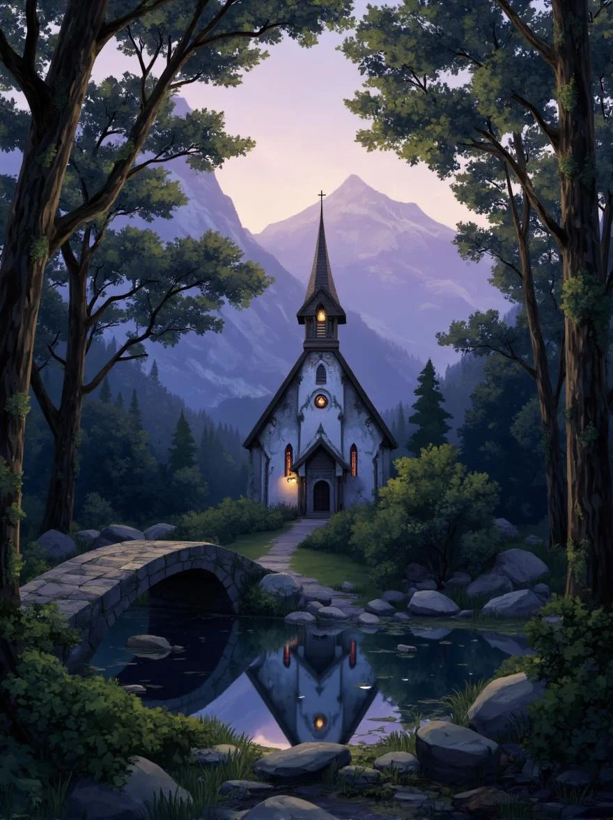 <lora:ck-LttleGhost-000011.safetensors:1> in the style of ck-lttlegh0stThe illustration features a picturesque church amidst lush forest surroundings, complete with a stone bridge crossing a serene pond. Tall trees with dense foliage flank the scene, while misty mountain peaks rise in the distance under a soft twilight sky. The atmosphere is tranquil and peaceful due to the artist's use of diffused lighting.
