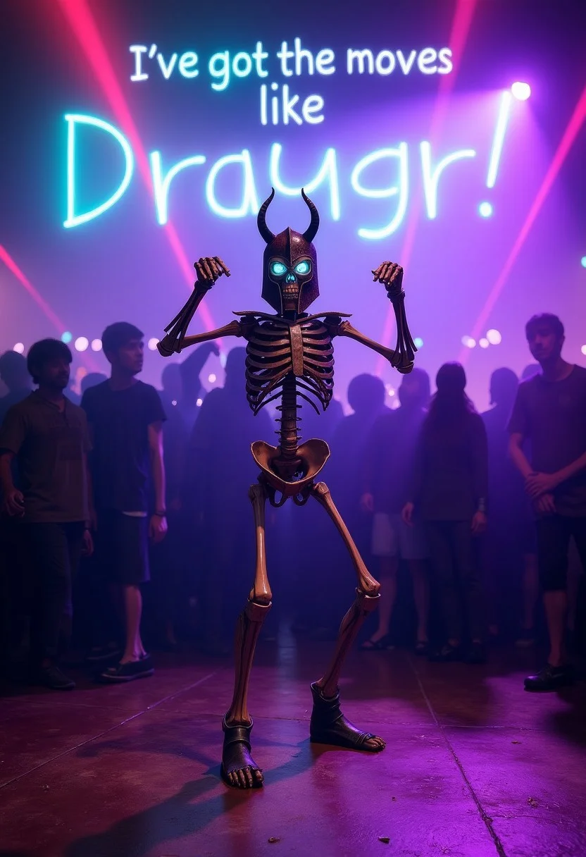 A semi-realistic Skyrim Draugr wearing a rusted horned helmet, its glowing blue eyes gleaming with undead energy, busting moves on a vibrant nightclub dance floor. The Draugr’s skeletal frame is mid-dance, arms raised and striking an awkward yet confident pose, illuminated by colorful club lights reflecting off a spinning disco ball. The background features a lively crowd of shadowy figures and neon-colored beams slicing through the foggy atmosphere. Massive, glowing multi-colored text at the top reads: 'I’ve got the moves like Draugr!' adding humor and energy to the scene