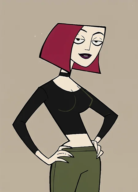 joan, 1girl, solo, short hair, breasts, lipstick, choker, crop top, green pants, bob cut, score_9, score_8_up, score_7_up, score_6_up, score_5_up, score_4_up, looking at viewer, hand on own hip, cowboy shot,simple background, smile, <lora:JoanCHPony1.0:1>