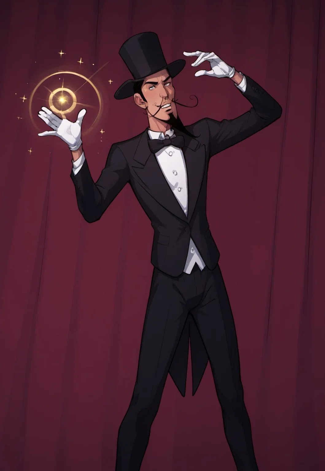 safe_pos, score_9, score_8_up, score_7_up, source_anime, rating_nsfw, ultra hd, absurdres, solo, masterpiece, best quality, best aesthetic, Expressiveh, wolfconf, burankoprn!, 1boy
JabMordrid, top hat, mustache, facial hair, black hair, bowtie, formal, white gloves, stage, magic, looking at camera