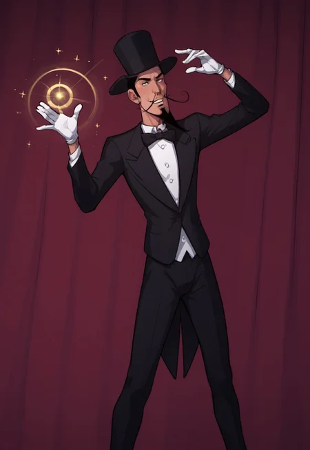 safe_pos, score_9, score_8_up, score_7_up, source_anime, rating_nsfw, ultra hd, absurdres, solo, masterpiece, best quality, best aesthetic, Expressiveh, wolfconf, burankoprn!, 1boy

JabMordrid, top hat, mustache, facial hair, black hair, bowtie, formal, white gloves, stage, magic, looking at camera