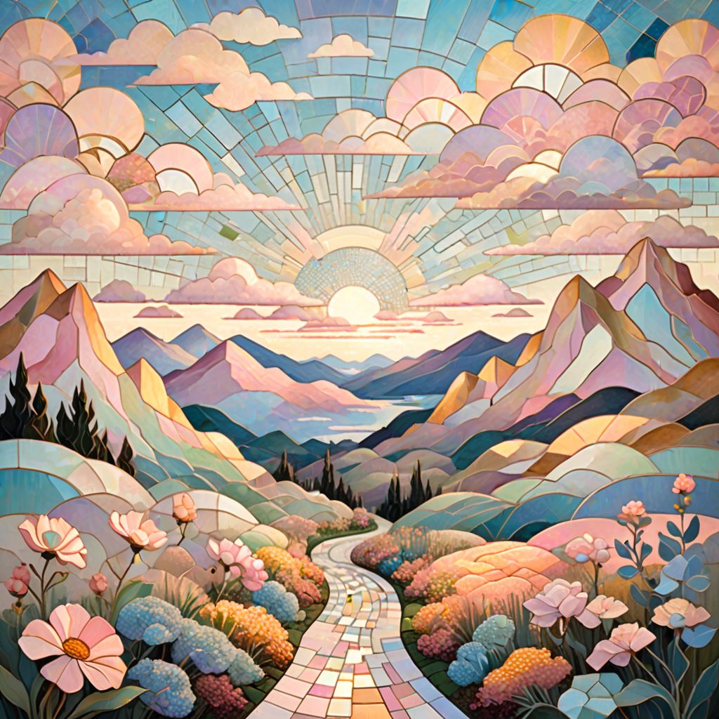 Art nouveau inspired floral foreground, impressionist style sky with pastel clouds, cubist geometric mountains, pointillist mosaic path, hidden objects resembling surrealist motifs, whimsical creatures, soft color palette, golden hour light
