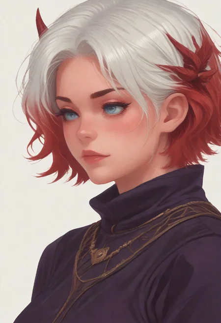 score_8_up, score_7_up, score_6_up, dnd <lora:dnd_flat:0.95> 1girl tiefling, portrait, short horns, RED skin <lora:Crude:0.6> (wizard clothes:1.2) , jewelry, short BOB hair, WHITE hair, close up, side view, RED HAIR
WHITE BACKGROUND