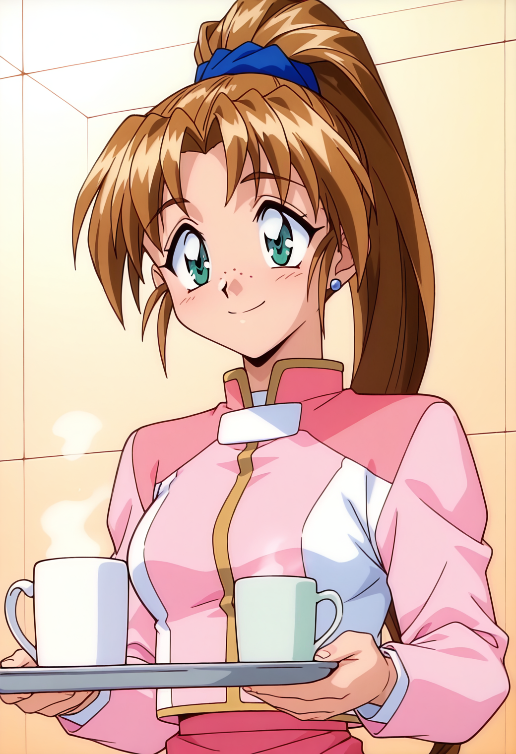 masterpiece, best quality, very aesthetic, absurdres, 1girl, solo, 1990s \(style\),
<lora:nina_mercury_v01:0.9>, nina_mercury, brown hair, long hair, high ponytail, green eyes, freckles, breasts,
earrings, pink jacket, long sleeves, (smile:0.7), holding tray, mug, upper body