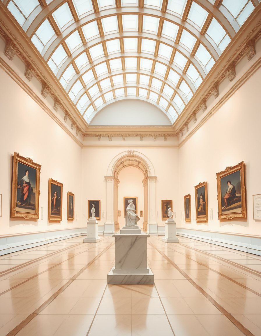 A high-resolution photograph of the interior of a grand art museum, featuring vast halls with high ceilings, intricate architectural details, and polished marble floors. The museum is illuminated by soft, natural light filtering through large arched windows, casting gentle shadows on the walls adorned with classical and modern paintings in ornate golden frames. In the center, a marble sculpture stands on a pedestal, surrounded by velvet ropes. Visitors walk around, some admiring the artwork, others engaged in quiet discussions. The atmosphere is serene and intellectual, with a warm color palette of beige, gold, and deep reds enhancing the elegance of the scene. The perspective is wide-angle, capturing the depth and scale of the museum, evoking a sense of awe and admiration.
<lora:SDXLFaeTastic2400:0.4> <lora:extremely_detailed:0.4> extremely detailed,art mus3um, <lora:art_mus3um-i:1>, Masterpiece,best quality,hi res,8k,hi res,8k,award winning,(sharp focus, intricate, highly detailed),