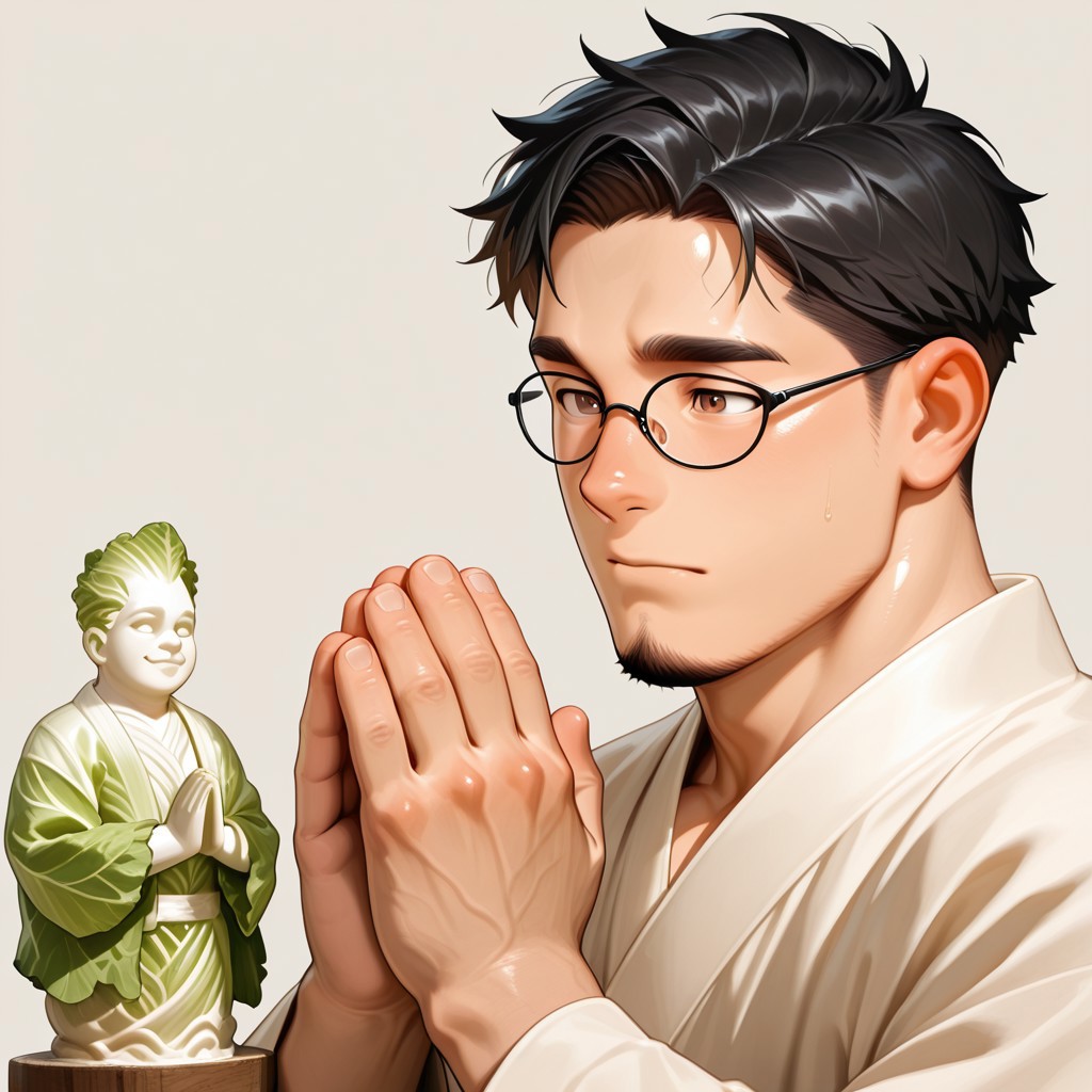 masterpiece, best quality, amazing quality, absurdres, newest, detailed background, definition so sharp, Ultra-HD, 8K cinematic, very awa, impressionate, amazing quality, highres, 
solo, male focus, manly, shadow, shiny skin, pastel colors, warm color, delightful,
a praying statue, glass shard, BREAK ettaphyl (1boy, bara, short hair, black hair, brown eyes, glasses, goatee,), extream close-up, robe made of cabbage, cjdl, vegetable, cabbages