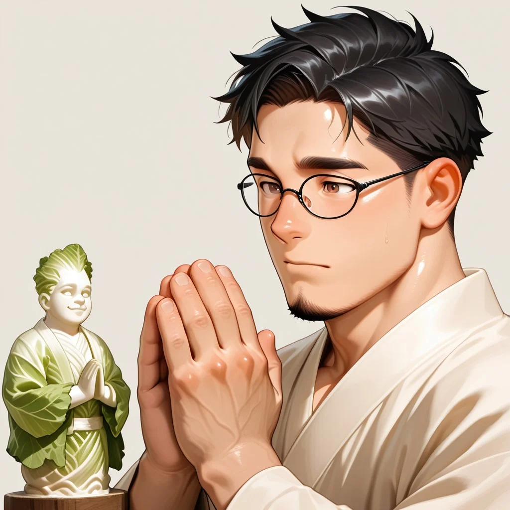 masterpiece, best quality, amazing quality, absurdres, newest, detailed background, definition so sharp, Ultra-HD, 8K cinematic, very awa, impressionate, amazing quality, highres,
solo, male focus, manly, shadow, shiny skin, pastel colors, warm color, delightful,
a praying statue, glass shard, BREAK ettaphyl (1boy, bara, short hair, black hair, brown eyes, glasses, goatee,), extream close-up, robe made of cabbage, cjdl, vegetable, cabbages