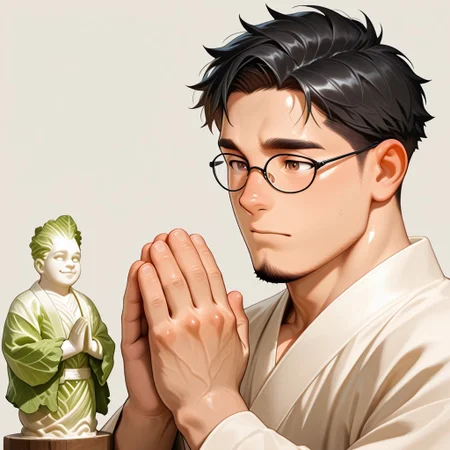 masterpiece, best quality, amazing quality, absurdres, newest, detailed background, definition so sharp, Ultra-HD, 8K cinematic, very awa, impressionate, amazing quality, highres, 
solo, male focus, manly, shadow, shiny skin, pastel colors, warm color, delightful,
a praying statue, glass shard, BREAK ettaphyl (1boy, bara, short hair, black hair, brown eyes, glasses, goatee,), extream close-up, robe made of cabbage, cjdl, vegetable, cabbages