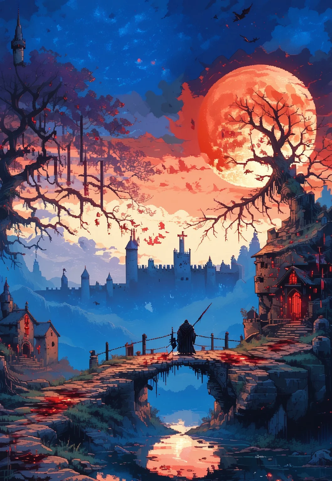 d3p1x3l, pixel art, ArsMJStylePony, score_9, score_8_up, score_7_up, score_6_up, blood moon over a misty lake with an abandoned castle on a cliff, lone dried up birch tree,
BREAK,
gothic castle, ddpapa, great lighting, long shadows, d4rkv1b3, flags, banners, tapestry,