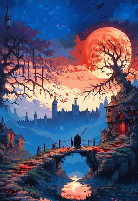 d3p1x3l, pixel art, ArsMJStylePony, score_9, score_8_up, score_7_up, score_6_up, blood moon over a misty lake with an abandoned castle on a cliff, lone dried up birch tree,
BREAK,
gothic castle, ddpapa, great lighting, long shadows, d4rkv1b3, flags, banners, tapestry,