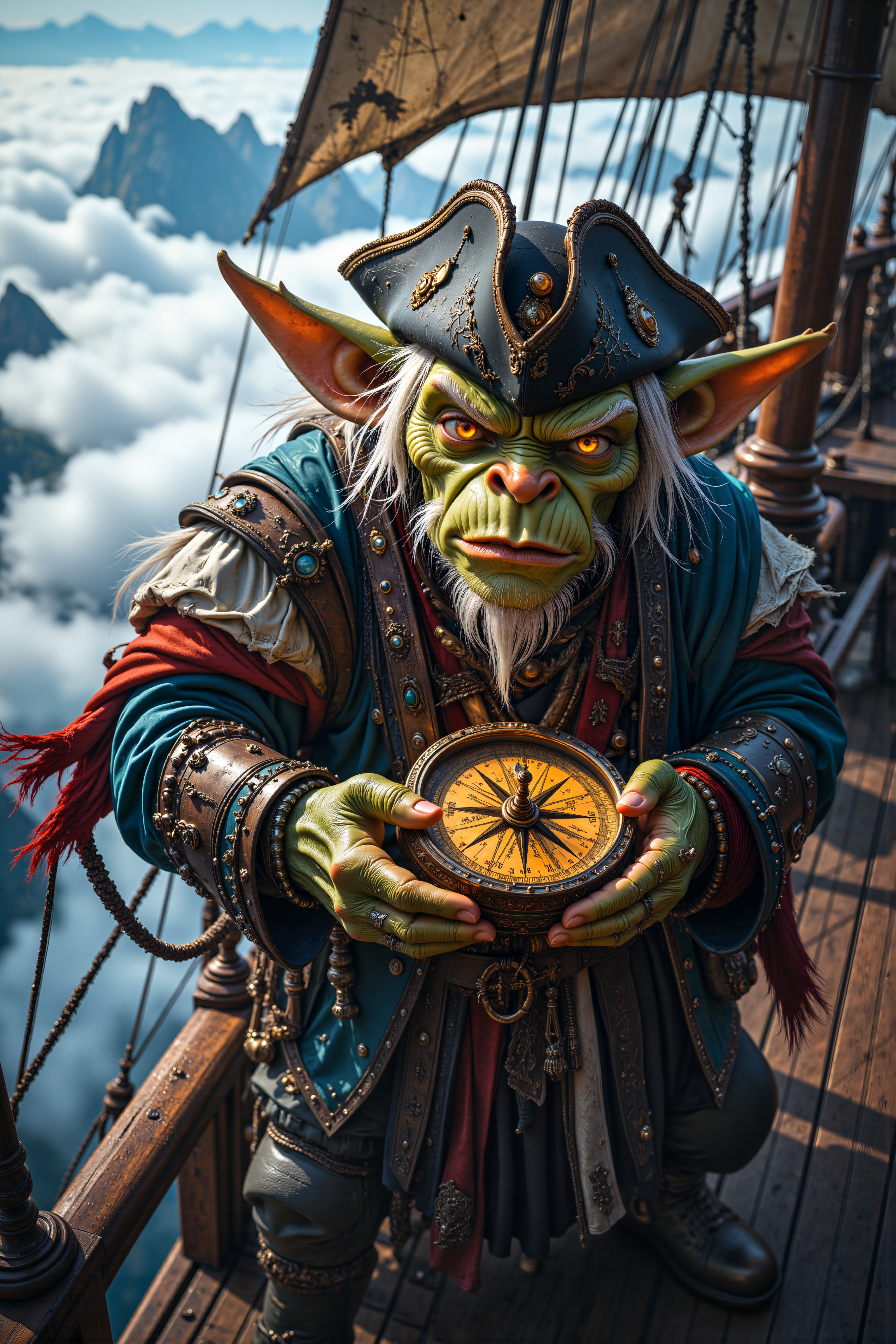 A hyper-realistic portrait, photorealistic photo close-up image of An elderly goblin man with wrinkled, green skin and wispy white hair stands on the deck of a massive, wooden airship floating high above a sea of clouds. He is dressed in a patchwork suit made from various pieces of scavenged armor and cloth, with a large, battered tricorn hat perched on his head. In his hands, he holds a strange, glowing compass that spins wildly, its needle pointing in every direction at once. The airship creaks and groans as it sails through the clouds, its tattered sails flapping in the wind. The sea of clouds below is vast and endless, with distant mountain peaks occasionally breaking through the mist. The goblinâs strange clothing and the mysterious, malfunctioning compass in his hands create an image of a seasoned sky pirate, a figure who has navigated the treacherous skies for decades and holds the secrets to the uncharted realms above the clouds. (photography, high-resolution, dynamic, energetic,hyper-realistic, dramatic lighting, shallow depth of field.), detailmaximizer, MythP0rt<lora:midjourney_whisper_flux_lora_v01:0.55><lora:aidmaMJ6.1-FLUX-V0.1:0.4><lora:FluxMythP0rtr4itStyle:0.4><lora:detailed_flux_ntc:2.2><lora:aidmaImageUpgrader-FLUX-V0.1:0.65>