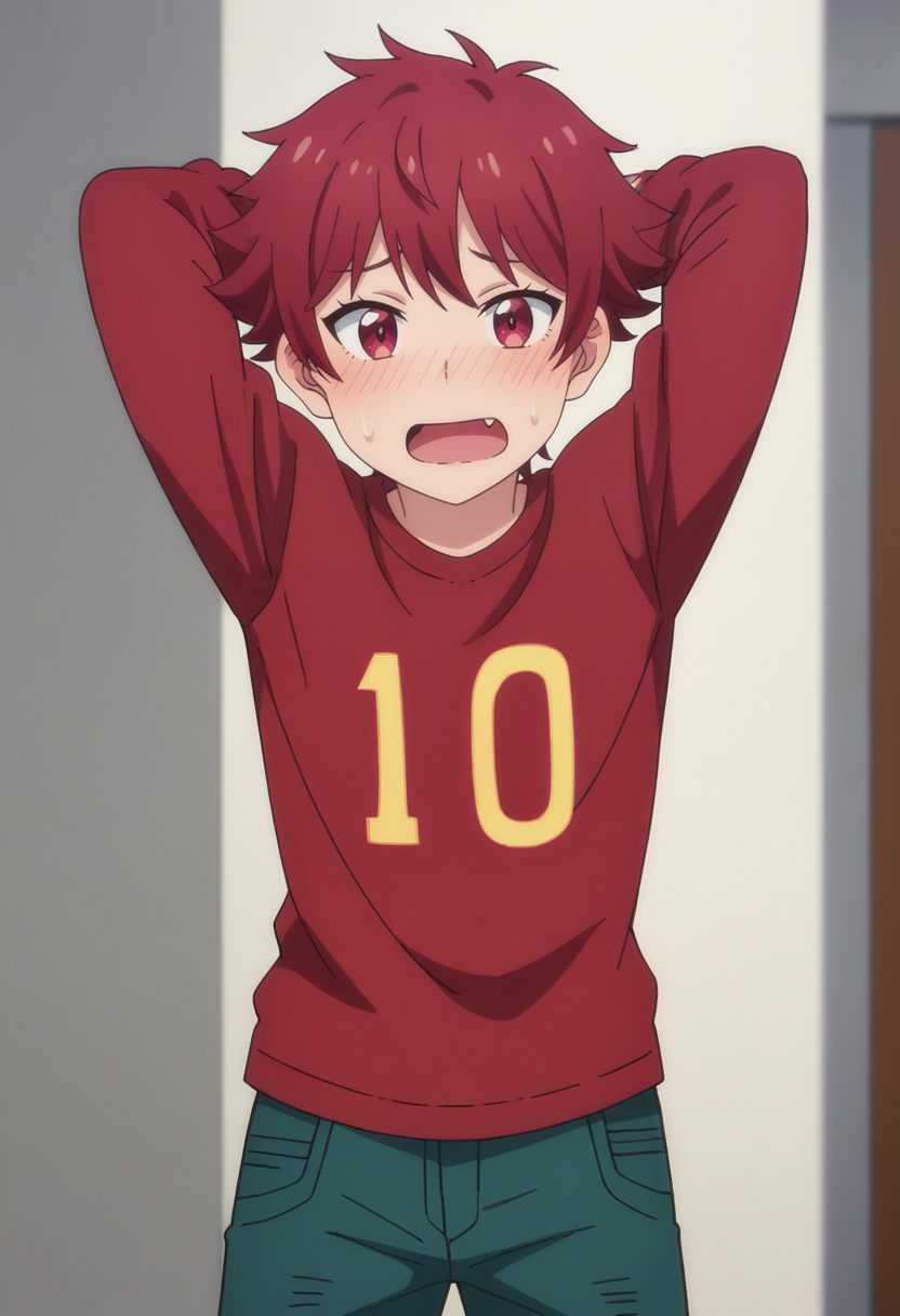 score_9, score_8_up, score_7_up, source_anime,anime screencap, anime coloring,intricate details,rating_safe, masterpiece, best quality,
(best quality, absurd res, ultra detailed),1girl, ((solo)), good eyes,perfect eyes,,detailed eyes, zPDXLxxx , zPDXL3,detailed, detailed face, <lora:add-detail-xl:3>,(4 finger)
BREAK
<lora:tomo:0.8>, tomo, 1girl, female child, tomboy, red eyes, red hair, short hair, fang,
red shirt, green shorts,
BREAK
solo, standing, front view,hands behind head,
shy, blush, wavy_mouth, open mouth, sweatdrop, jitome