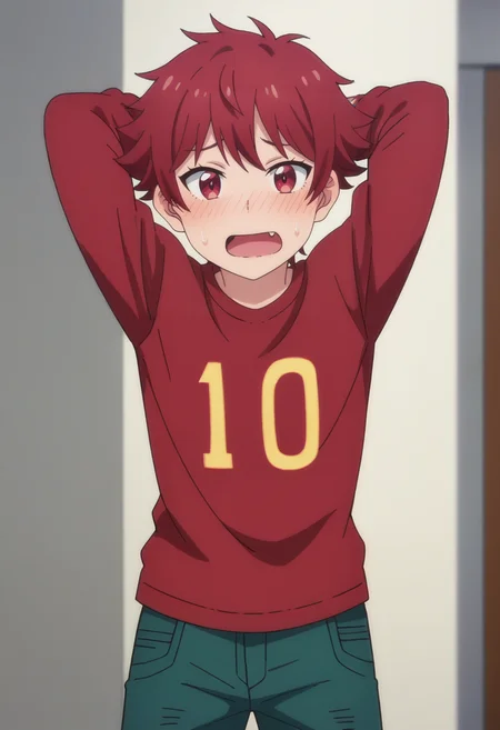 score_9, score_8_up, score_7_up, source_anime,anime screencap, anime coloring,intricate details,rating_safe, masterpiece, best quality,
(best quality, absurd res, ultra detailed),1girl, ((solo)), good eyes,perfect eyes,,detailed eyes, zPDXLxxx , zPDXL3,detailed, detailed face, <lora:add-detail-xl:3>,(4 finger)
BREAK
<lora:tomo:0.8>, tomo, 1girl, female child, tomboy, red eyes, red hair, short hair, fang,
red shirt, green shorts,
BREAK
solo, standing, front view,hands behind head,
shy, blush, wavy_mouth, open mouth, sweatdrop, jitome