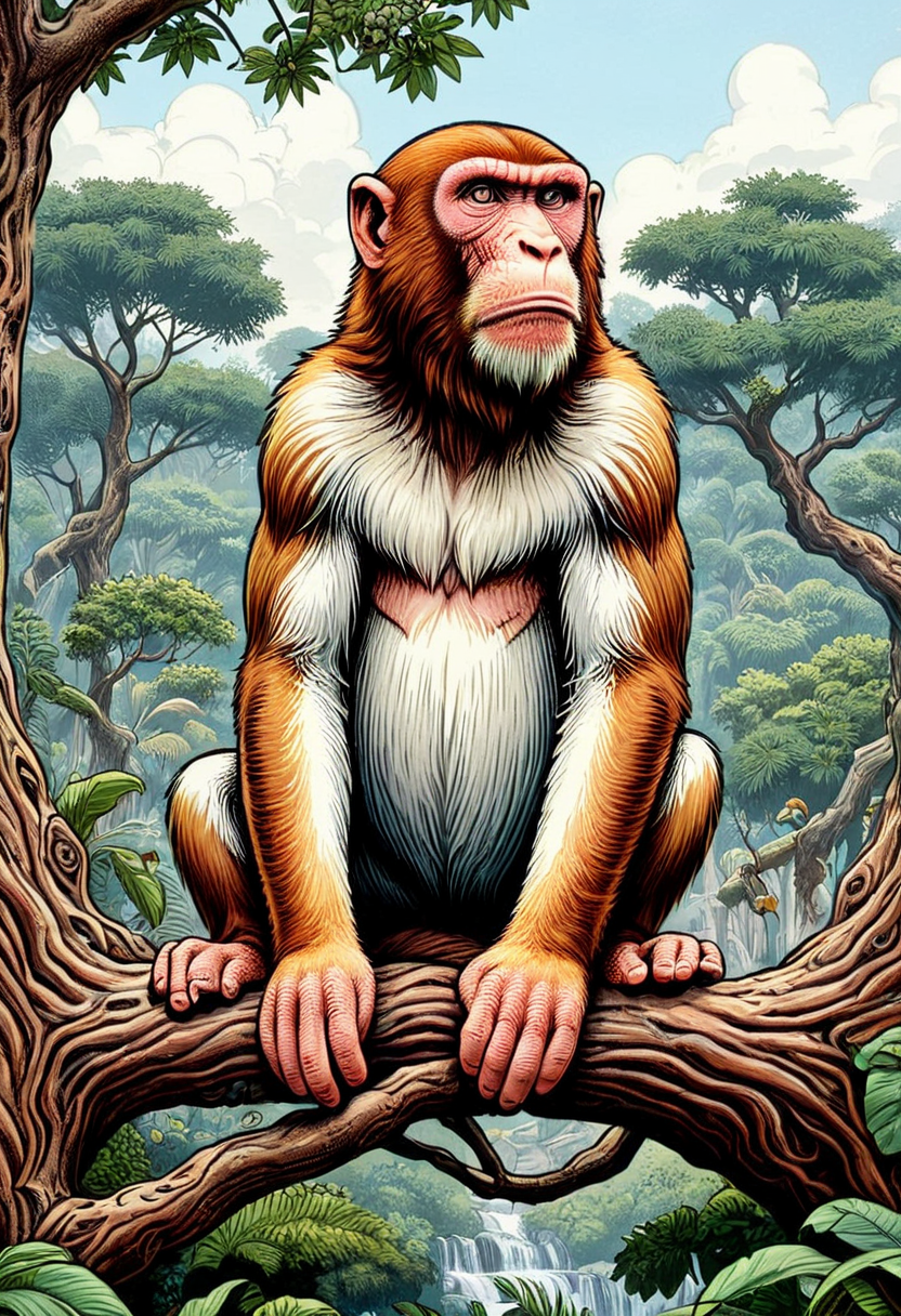 A Proboscis Monkey, in a fantasy park setting, mobe-90c0m, <lora:RetFutCom-V1:1>,