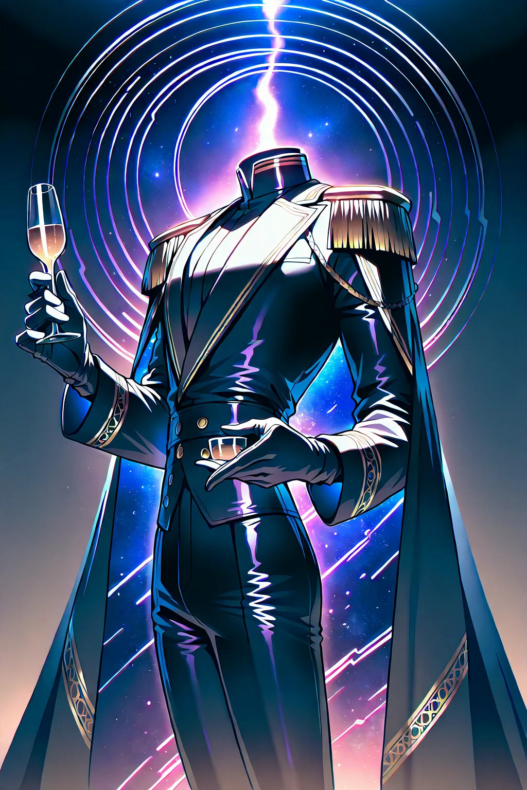 head, object head, headless, faceless, purple cosmic spiral, male focus, bishounen, Detailed clothing, gold embroideries and flower patterns on clothing, Looking at the side, holding a glass of wine, Black formal military-inspired suit with high collar and fitted long-sleeve jacket, gold buttons, gold epaulets, cape with purple cosmic interior decors, wearing black leather gloves, matching black and gold trousers with stripes, outer space, blue and pink gradient behind cape, detailed background <lora:NAI_DetailV1.1:4.0>