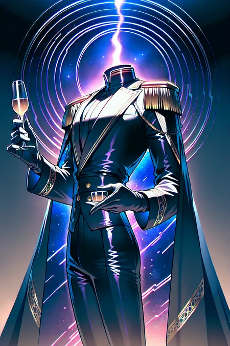 head, object head, headless, faceless, purple cosmic spiral, male focus, bishounen, Detailed clothing, gold embroideries and flower patterns on clothing, Looking at the side, holding a glass of wine, Black formal military-inspired suit with high collar and fitted long-sleeve jacket, gold buttons, gold epaulets, cape with purple cosmic interior decors, wearing black leather gloves, matching black and gold trousers with stripes, outer space, blue and pink gradient behind cape, detailed background <lora:NAI_DetailV1.1:4.0>