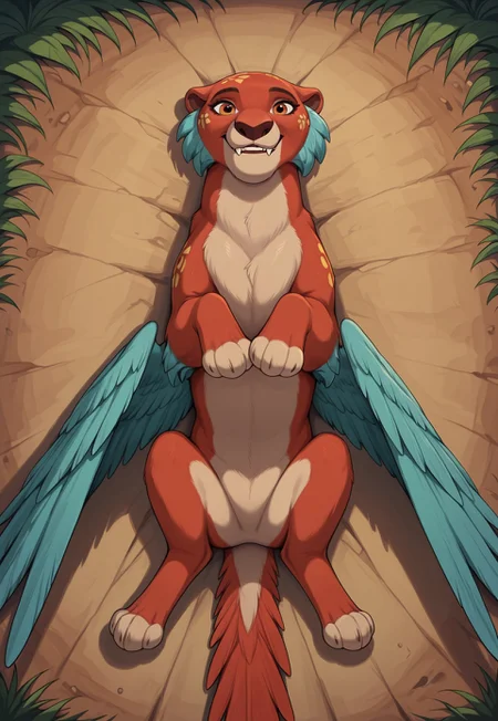 reallynxgirl_style, Solo, score_9,score_8_up,score_7_up, score_6_up, solo, Jaquin Elena, female, looking at viewer, lies, folded wings, wings pressed, solo, feral, outside, detailed background,