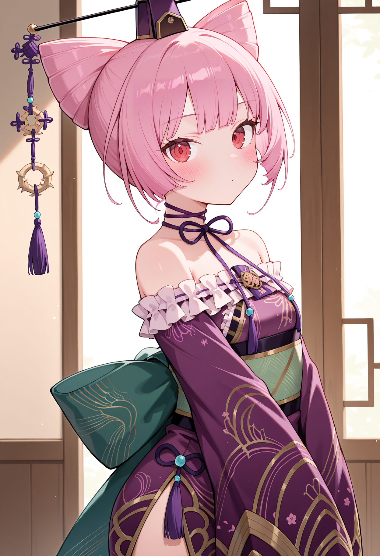 highres, best quality, masterpiece, indoors,
1girl, solo, ascrnria, pink hair, cone hair bun, red eyes,
crnrdef, hat, purple kimono, tassel, purple stripes, brooch, neck ribbon, bare shoulders, strapless, frills, green sash, obi, sleeves past wrists,
looking at viewer, blush, expressionless, dot mouth, 
v arms, from side,
<lora:_corneria_atelier-elesico-il10-000014:1>