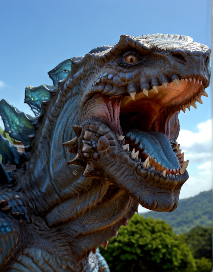 solo, zilla_1998, sharp teeth, spines, blue spines, scales, standing, looking at viewer, sharp teeth, close up shot, outside, brazil favela, blue sky, simple background, extremely detailed, HDR, <lora:ZILLA:0.8> fantasy quality