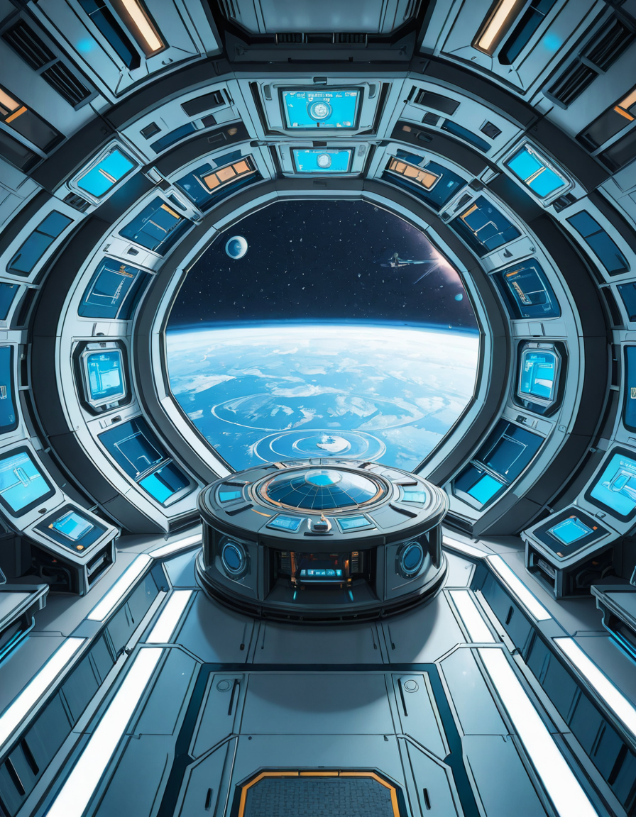 The interior of a massive orbital space station, high above a blue and green Earth-like planet. The setting is a panoramic observation deck with towering reinforced windows that curve around the structure, offering a breathtaking view of the planet below and the star-filled void beyond. The stationâs architecture is sleek and functional, blending advanced human technology with subtle design flourishes â brushed metal walls, glowing interface panels, and clean geometric lines.
Soft white lighting lines the floor and ceiling panels, while ambient blue lights provide a calming atmosphere. Transparent digital displays float in the air, projecting live telemetry, spacecraft traffic, and real-time planetary data in holographic form. In the center of the room, a circular command table displays a rotating 3D projection of the planet and orbital routes.
In the background, the low hum of life support systems and distant radio chatter add to the immersive realism. Cables and utility panels are subtly integrated into the environment, and security doors lead to other compartments of the station. The entire space feels controlled, precise, and filled with purpose â a hub of advanced civilization silently orbiting in the cold beauty of space.<lora:SDXLFaeTastic2400:0.4> <lora:extremely_detailed:0.4> extremely detailed,space station c0ntr0l c3nt3r, <lora:space_station_c0ntr0l_c3nt3r-i:1>, Masterpiece,best quality,hi res,8k,hi res,8k,award winning,(sharp focus, intricate, highly detailed),
