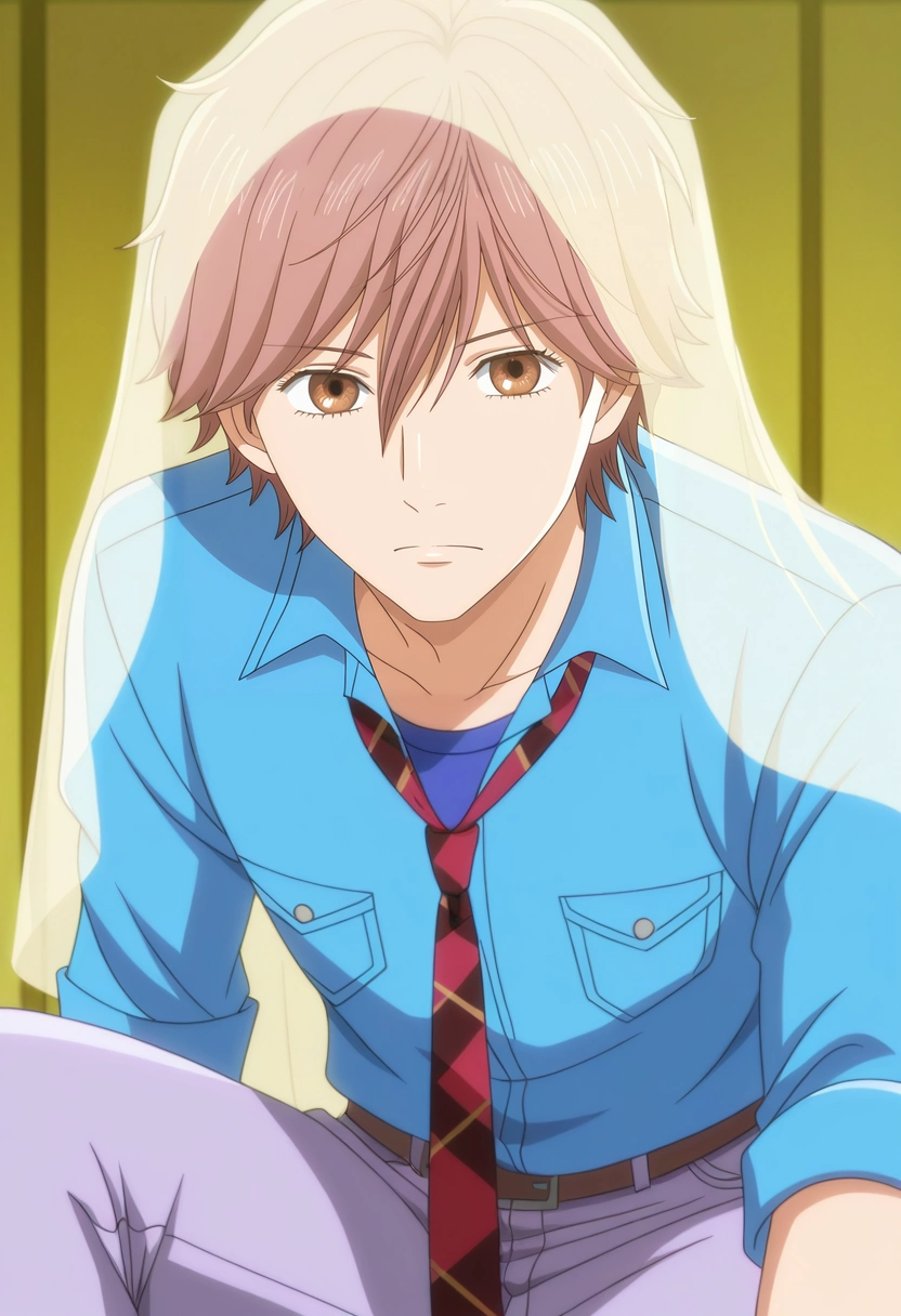 masterpiece, best quality, , anime screencap, anime coloring, official style, looking at viewer, 1boy, solo, male focus, <lora:taichi_mashima_ilxl:1>, taichi_mashima, brown hair, brown eyes, short hair, bangs, hair between eyes, blue shirt, , Light purple Poplin Capri pants, Western denim shirt, , Tophat with a veil, Necktie