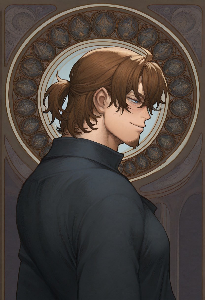 masterpiece, best quality, amazing quality, very aesthetic, high resolution, ultra-detailed, absurdres, 1boy, solo, Heigl, Heigl_brown_hair, short ponytail, Heigl_blue_eyes, heigl_van_dyke_goatee, noristyle, art nouveau,