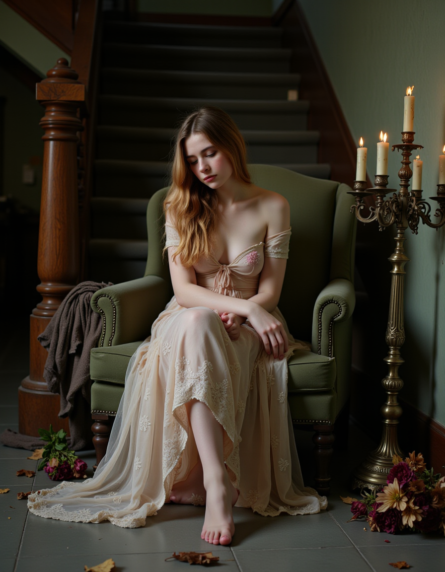 Ros4l1n4. The nightgown is vintage in style, with intricate floral lace patterns that swirl across the translucent fabric, offering fleeting glimpses of her silhouette beneath. The lace catches the soft, silver moonlight filtering through a nearby cracked window, creating a delicate interplay of light and shadow that dances across the gown’s sheer folds. The hem of the nightgown pools gently at her feet, brushing against the dust-coated stair, emphasizing her fragile, ghostly presence.
Her long, ash-blonde hair cascades over her shoulders in loose, slightly tangled waves, framing her contemplative expression. The muted tones of her hair glow faintly under the moon’s silvery light, giving her an ethereal, almost otherworldly aura. A few stray strands fall delicately over her face, enhancing her introspective demeanor. Her head is tilted slightly downward, her eyes partially closed, lost in thought as if reminiscing about a distant memory. Her expression is soft and melancholic, with a touch of nostalgia, her parted lips poised as if whispering to the shadows.
The backdrop of the scene is hauntingly beautiful—a shadowy, grand staircase stretches upwards behind her, its wooden steps creaking under the weight of lost time. The once-majestic banister is chipped and weathered, its intricate carvings obscured by layers of dust and cobwebs. A worn armchair, faded and frayed at the edges, sits forlornly at the base of the stairs, its regal design long forgotten. Its rich, velvet upholstery is now muted and desaturated, echoing the faded grandeur of the manor.
Scattered across the staircase are bunches of dried, dead flowers, their brittle petals curled and colorless, as if frozen in time. They lie in disarray, tangled among the dust and cobwebs, adding an air of abandonment and sorrow. Fallen leaves, crinkled and brittle, are scattered on the floor, whispering of seasons long past. Their presence hints at a broken window somewhere above, letting the outside world intrude upon this forgotten sanctuary.
The only light comes from a tall, ornate candelabra, standing just behind her on the staircase landing. Its candles are partially melted, their flames flickering weakly, casting elongated shadows that dance along the peeling wallpaper. The dim, golden glow from the candelabra contrasts beautifully with the cold moonlight, creating a delicate interplay of warm and cool tones that envelop her in a halo of fragile light. The shifting shadows enhance the melancholic atmosphere, imbuing the scene with a haunting sense of intimacy and nostalgia.
The muted, earthy tones of the decaying setting contrast elegantly with the pale, delicate fabric of her gown and the soft warmth of her skin. The interplay of shadows and light evokes a dreamlike, almost cinematic ambiance, blurring the line between reality and memory. She sits in perfect stillness, a serene figure amidst the decay, embodying quiet introspection and subtle beauty.
This scene is a masterful composition of light, shadow, and texture, capturing the fragile elegance of a lost era. The juxtaposition of her delicate presence against the decaying grandeur of the Victorian manor creates a poignant narrative of nostalgia and longing, evoking a timeless, haunting beauty.