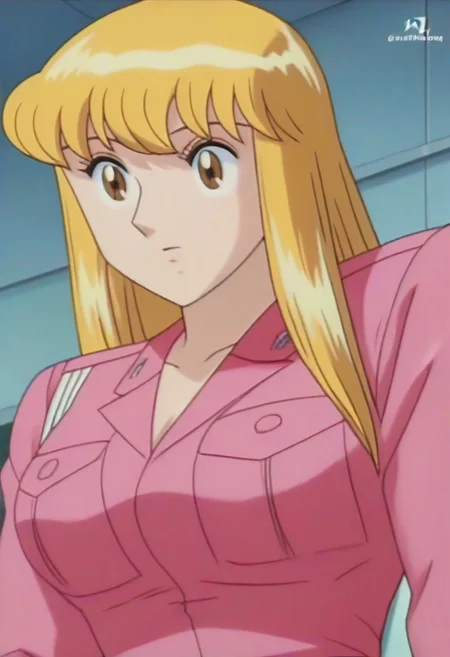 masterpiece, best quality, , anime screencap, anime coloring, official style,uncensored,1girl, solo, (kochikame, akimoto reiko, huge breasts, blonde hair, pink suit),