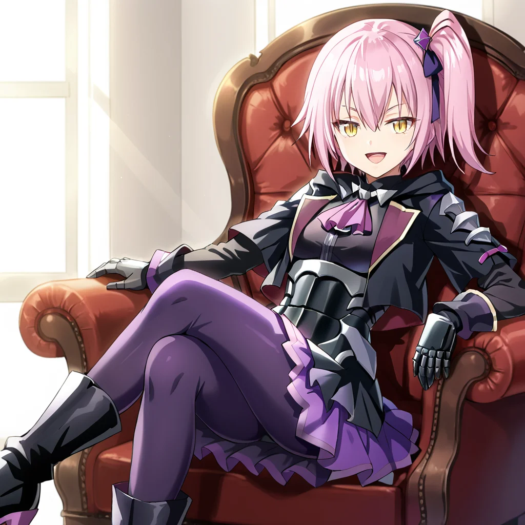 1girl, solo, ultima, slit pupils, pink hair, purple hair, short hair, side ponytail, yellow eyes, bangs, hair between eyes, breasts, small breasts, purple ribbon, purple bow, hair ornament, black shirt, purple ascot, purple skirt, purple pantyhose, boots, black footwear, open jacket, black armored dress, black coat,  black jacket, gloves, black gauntlets, smile, open mouth, (smug:1.1),  crossed legs, 
<lora:Ultima:0.8>
