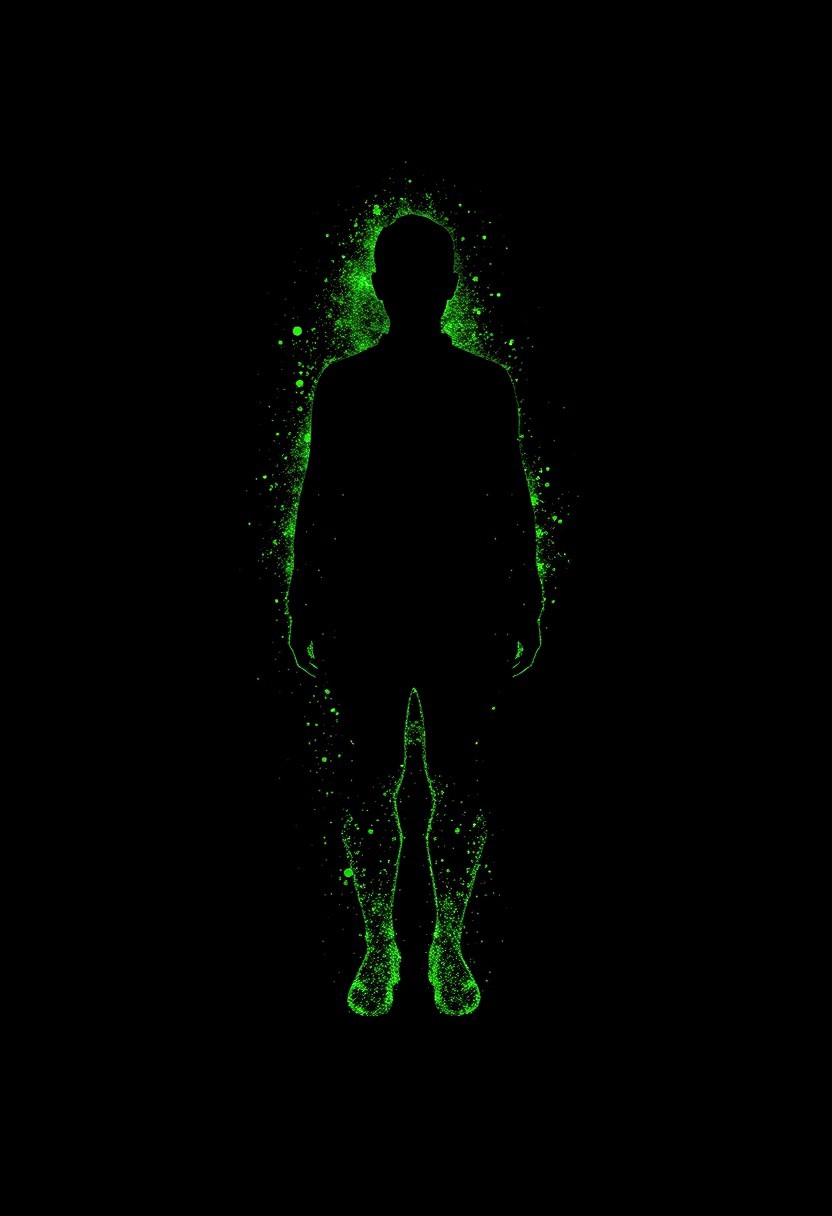 Minimalistic particle silhouette of a human figure, composed of glowing green particles and digital noise. Simple and elegant, designed for icon-style usage. Soft glow dispersed light particles, subtle pixelation, and a smooth black background. High contrast, clean edges, and abstract form