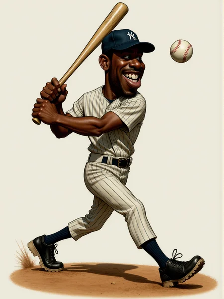 Full-body animated cartoon caricature of a Black baseball player captured at the exact moment of hitting a home run. His body is slightly twisted from the powerful swing, left leg bent forward with cleats gripping the dirt, right leg extended behind for balance. His muscular arms are fully extended, holding the bat high in the air just after impact. The bat, a thick exaggerated wooden club, is angled upward over his left shoulder, having just struck the ball with force. The ball is depicted flying through the air, slightly compressed from impact, leaving behind motion lines. He wears a snug pinstriped uniform, cap tilted slightly backward, mouth wide open in a triumphant yell, and his eyes focused on the soaring ball. <lora:3d_caricature_Strong:0.9>