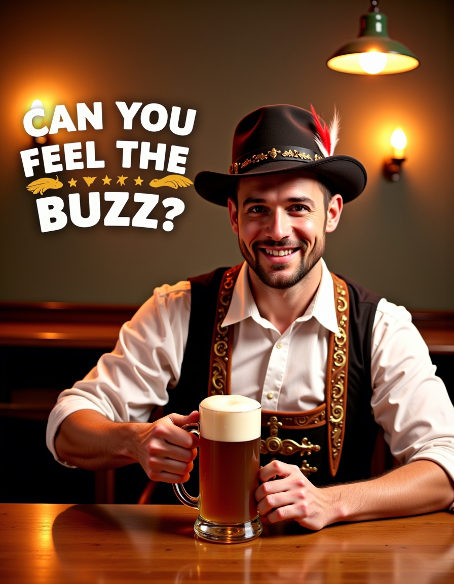 man wearing traditional german attire with a feathered hat holding half-filled glass beer mug sitting behind table in warmly lit german tavern , above him on top of image floating text "Can you feel the Buzz?"