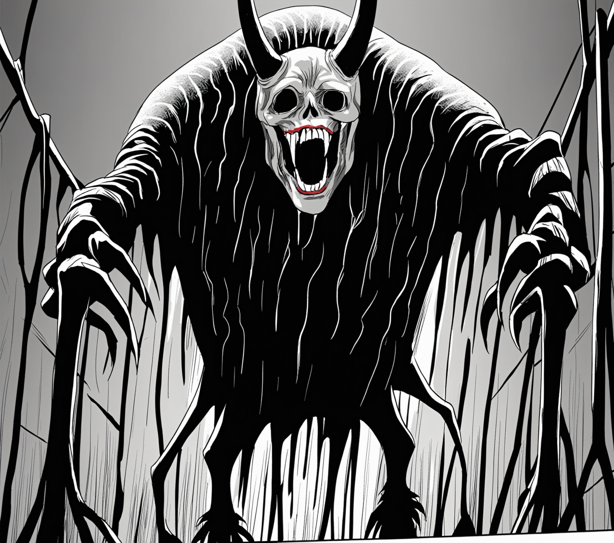 <lora:mrkurz_pony_v4:1> art style by mrkurz,
monochrome ,greyscale,spot color,
In the style of Body horror,Beast,Moldy ragged suit crawling with maggots,Sprouting horns and hooves,Creepy island,Sinister mist,Horrific,Single match flame in the dark,Cysts,Worm's eye view shot, score_9, score_6_up, score_7_up