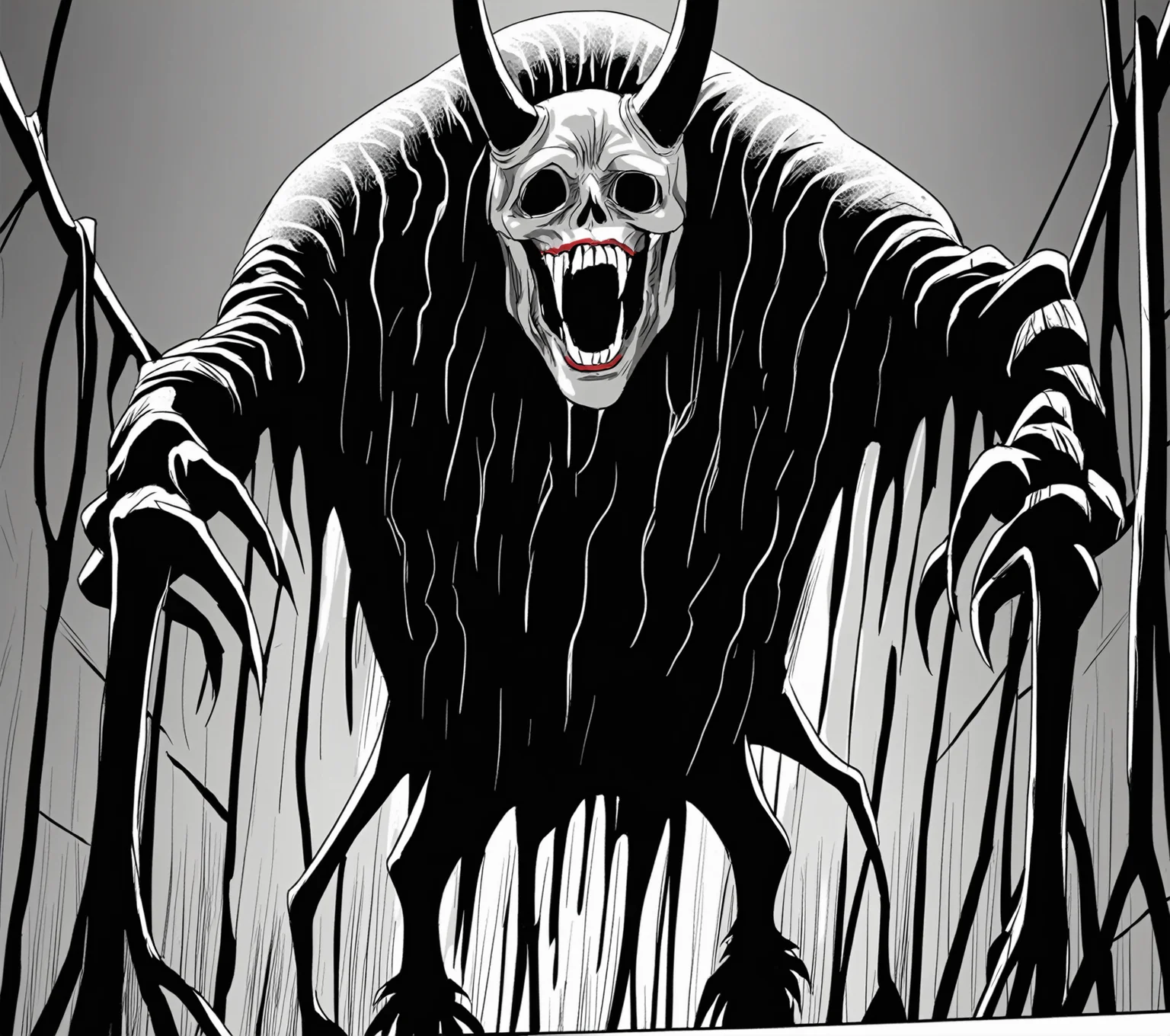 <lora:mrkurz_pony_v4:1> art style by mrkurz,
monochrome ,greyscale,spot color,
In the style of Body horror,Beast,Moldy ragged suit crawling with maggots,Sprouting horns and hooves,Creepy island,Sinister mist,Horrific,Single match flame in the dark,Cysts,Worm's eye view shot, score_9, score_6_up, score_7_up