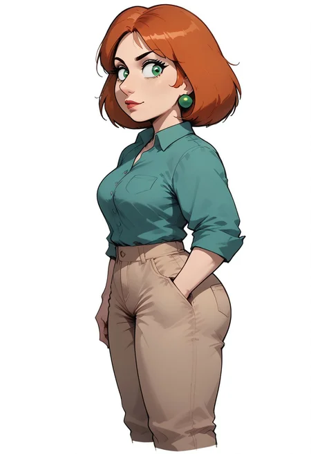 solo, Lois, earrings, cowboy shot, khaki pants, green button-up blouse, rolled up sleeves, green eyes, thigh gap, reference sheet, (full body, from side, front:1.1), upper body, simple white background, charturnerv2