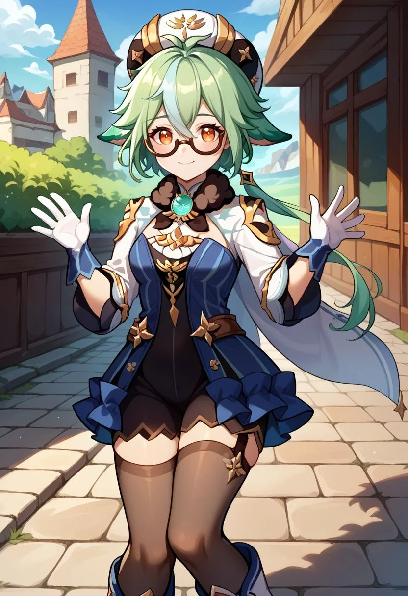 score_9, score_8_up, score_7_up, source_anime, 1girl, sucrosedef, orange eyes, green hair, multicolored hair, hair between eyes, long hair, ponytail, animal ears, glasses, semi-rimless eyewear, hat, beret, fur collar, vision (genshin impact), blue dress, gold trim, cape, long sleeves, white gloves, garter straps, black thighhighs, knee boots, white footwear, standing, closed mouth, smile, blush, looking at viewer, waving, outdoors, portrait, close-up, upper body, facing viewer, <lora:Sucrose_v1-000010:1>