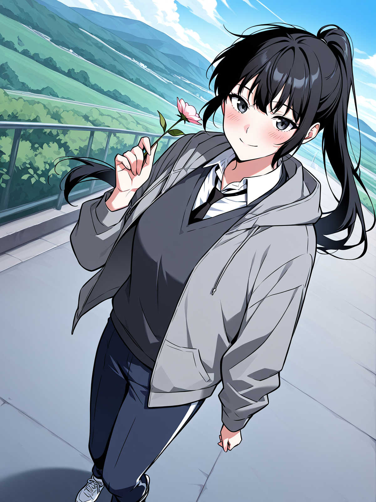 <lora:Omniscient_Readers_Viewpoint__Lee_Jihye:1>
1girl, solo, long hair, black hair, tied hair, high ponytail, black eyes, messy bangs, 
gray hoodie, school uniform, white shirt, black tie, dark gray sweater vest, navy blue track pants, white stripe pants, white sneakers, casual and uniform mix, layered clothing,
score_9, score_8_up, score_7_up, very aesthetic, source_anime, detailed, high quality, beautiful, masterpiece, detailed eyes, highres, best quality, masterpiece, outdoors, looking at viewer, blush, smile, holding flower, from above, floating, blue sky