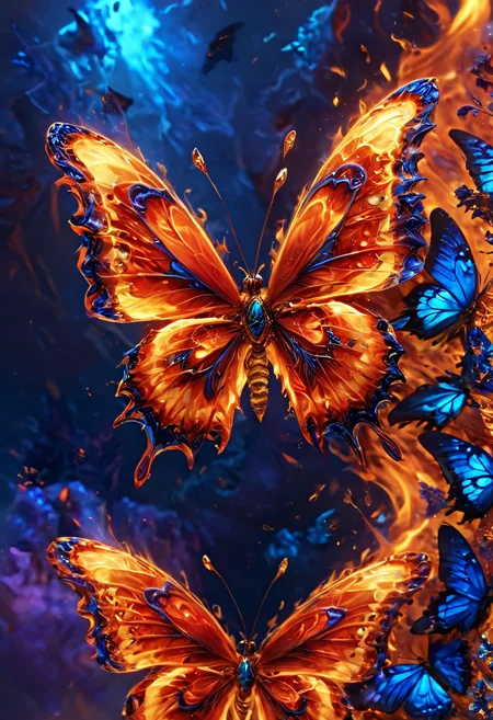<lora:fire_xl:1> firemode, fantasy fiery butterflies ((masterpiece)) ((best quality)), <lora:add-detail-xl:1> <lora:add_details_xl:1> <lora:detailed_notrigger:1> <lora:More_interesting_backgrounds:1> ibg, high texture resolution, vivid colors, stunning composition, intricated details, sharp focus, zPDXL