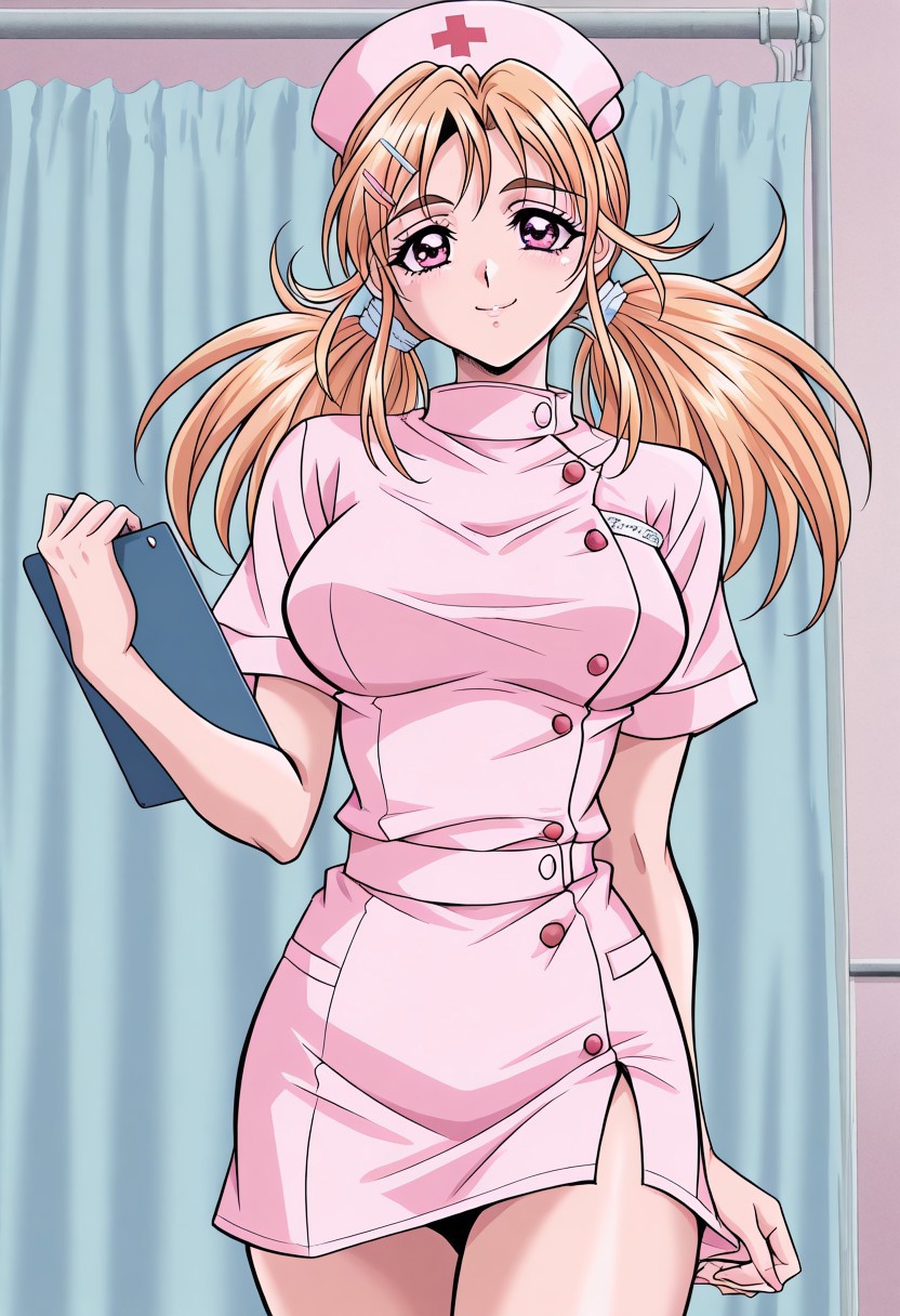 masterpiece, best quality, newest, highres, uncensored, 1girl, yokota mamoru style,1girl,
Yamazaki Kanna，Blonde Hair, Long Hair, Parted to Side, Shoulder-length Hair, Twin Tails, Tareme eyes,pink eyes, Slim
long hair, brown eyes, hat, nurse, smile, nurse cap, holding, looking at viewer, clipboard