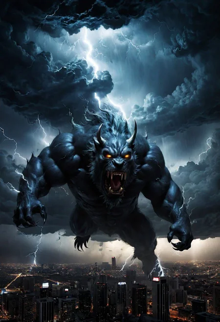 black clouds, rain, lightening, dark, night, ( beast appears from the rolling cloud), The beasts looks down as he towers above the city below, DEVIL SPAWN