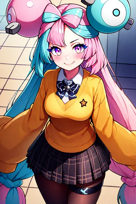 masterpiece, best quality, 32k, high resolution, absurdres, medium breasts, (curvy), cute, eyelashes, vivid colors, BREAK, ,,, , ,,, zzIono, solo, 1girl, long hair, pink eyes, blue hair, pink hair, light blue hair, multicolored hair, bow-shaped hair, yellow jacket, sleeves past fingers, single leg pantyhose, thigh strap, <lora:IonoPokemonIXL_e08:1.0>, ,,,, ,,, closed mouth, alternate costume, smile, looking at viewer, collared shirt, blush, sweater, black skirt, eyelashes, long sleeves, sleeves past wrists, plaid skirt, blurry, tile floor, pleated skirt, white shirt, cowboy shot, <lora:CatalystIXL:0.8>,