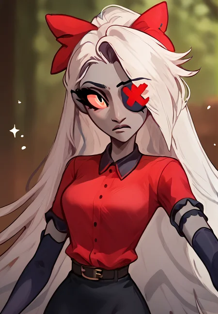 score_9, score_8_up, score_7_up, score_6_up, portrait, <lora:vaggie-hazbin:1> white hair, grey skin, eye patch, X, elbow gloves, long hair, red bow in hair colored skin, very long hair, colored sclera, red shirt, bow, shirt, hair over one eye, fingerless gloves, black skirt wide hips, wide stance, dynamic pose, blurry background, light particles, hyperdetailed,simple background <lora:RMSNS:0.9> <lora:Expressive_H:0.6>  <lora:Organic_Sauce:0.5> <lora:Sinozick_Style_XL_Pony:0.6>