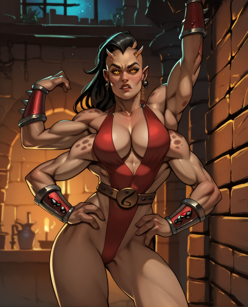 score_9,score_8_up,score_7_up,score_6_up,
sheevaxl,4 arms,yellow eyes,red one-piece swimsuit, gold belt,bracer,earrings,cleavage,black hair,toned,tiny  head horns,
night,dungeon,flexible,
<lora:Sheevamk9-PXL:1>,